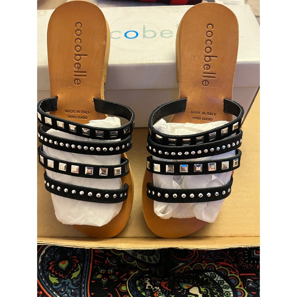Cocobelle Cefalu Black Studded Multi Strap Slide Sandals Made in Italy Size 6 36